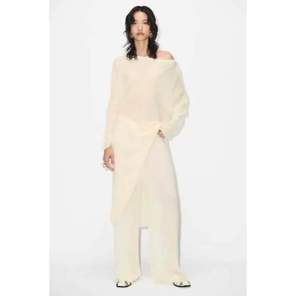NWT Zara Studio Limited Edition Semi-Sheer Crinkled Wide Leg Pants Ivory Cream S